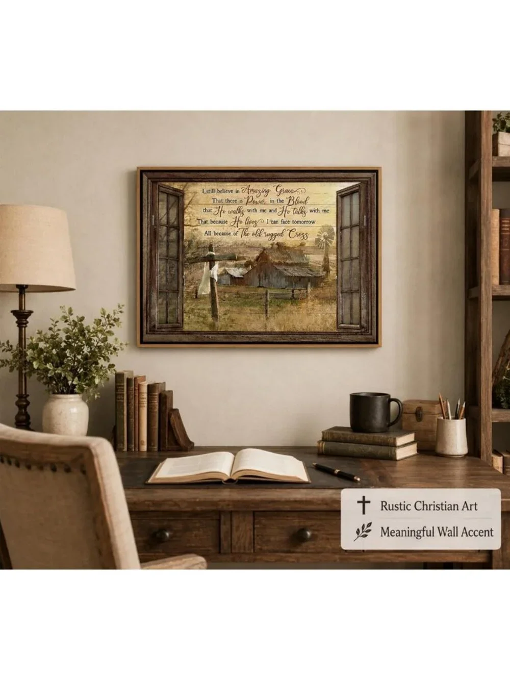 Rustic Christian Canvas Wall Art - Amazing Grace Cross Windmill Decor 12x16